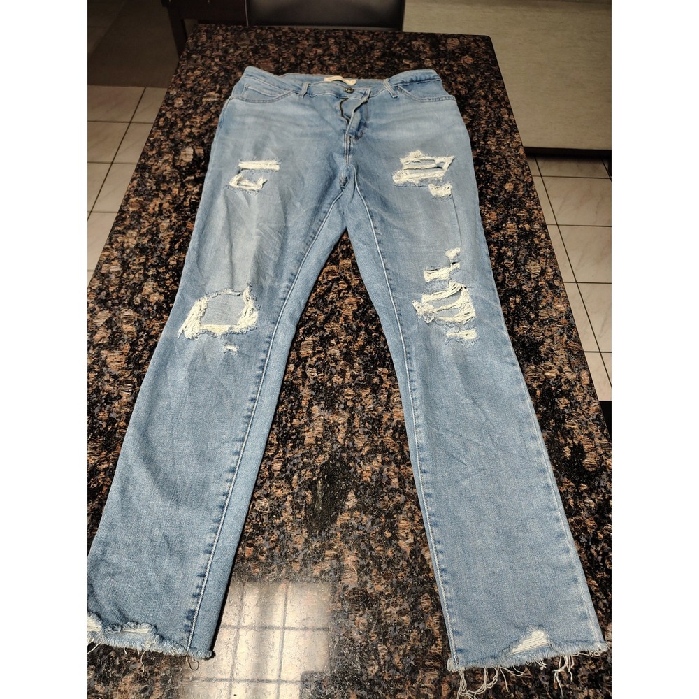 Levis 721 High Rise Skinny Jeans Light Wash Distressed Ripped Raw Hem 31x30